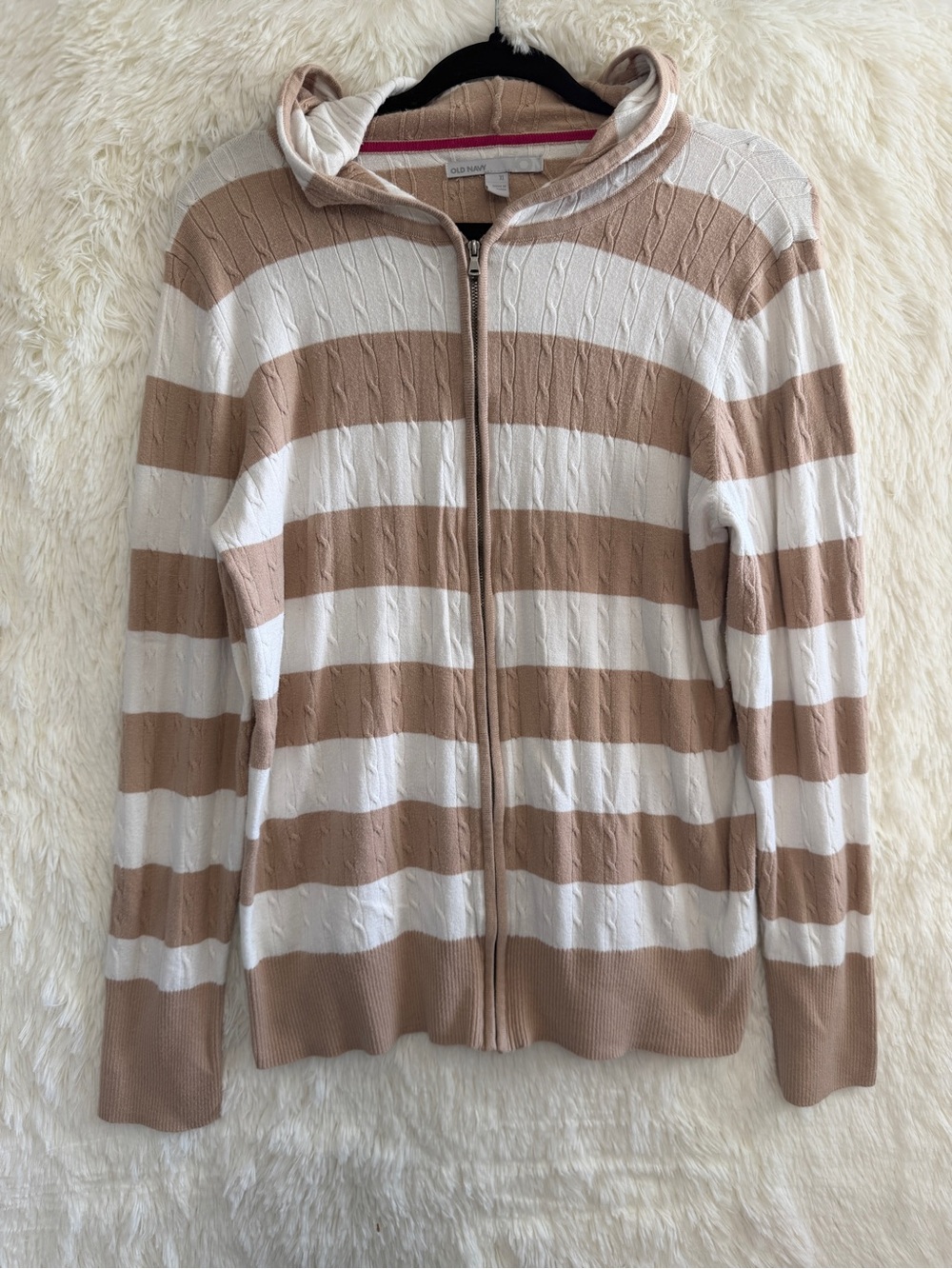 Old Navy Womens Y2K Preppy Stripe Full Zip Hooded Cable Knit Sweater XL Academia